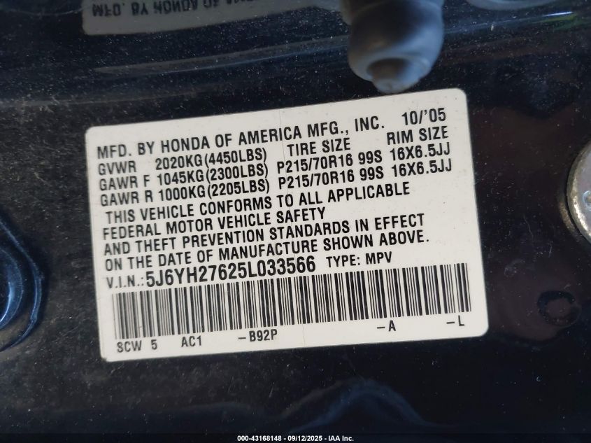 2005 Honda Element Ex VIN: 5J6YH27625L033566 Lot: 43168148