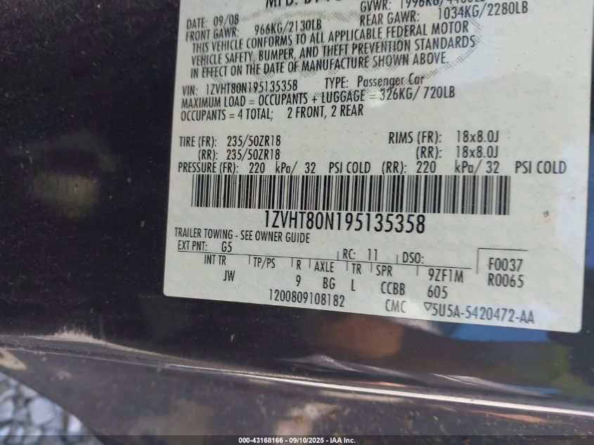 2009 Ford Mustang V6/V6 Premium VIN: 1ZVHT80N195135358 Lot: 43168166