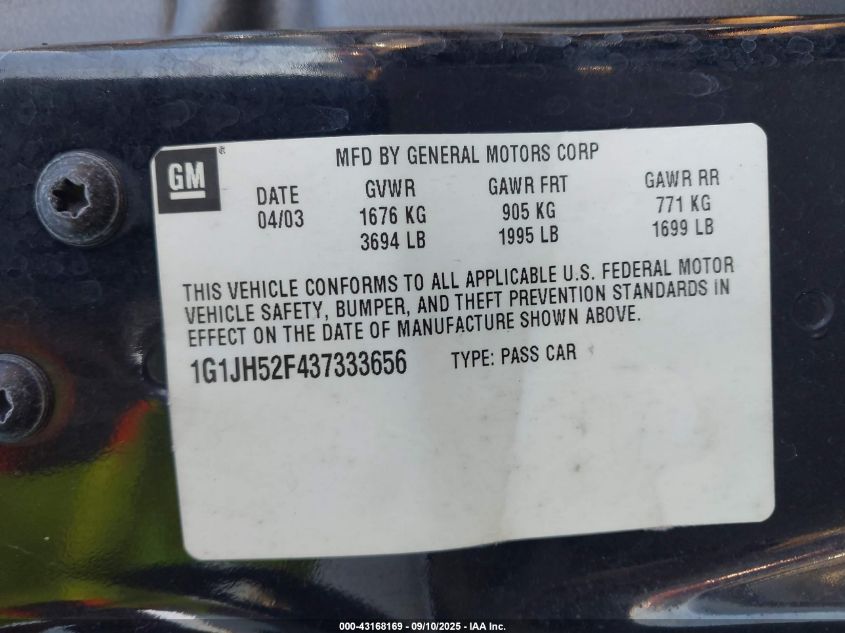 2003 Chevrolet Cavalier Ls Sport VIN: 1G1JH52F437333656 Lot: 43168169