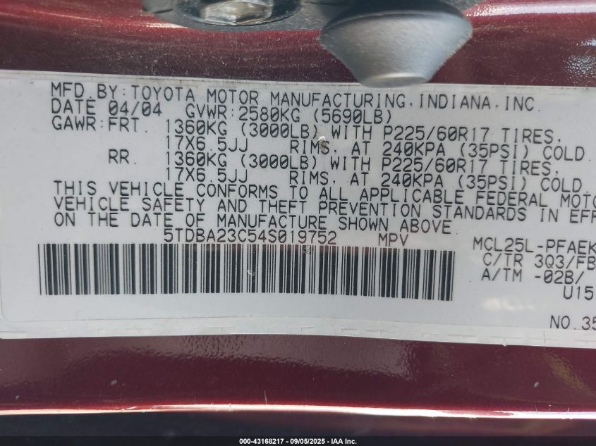 2004 Toyota Sienna Le VIN: 5TDBA23C54S019752 Lot: 43168217