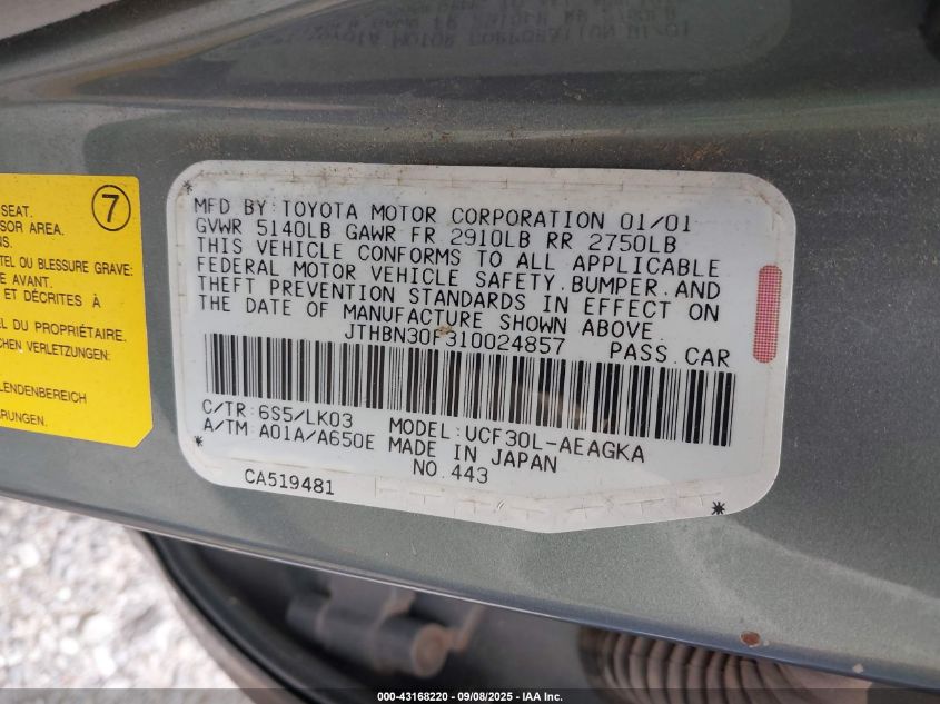 2001 Lexus Ls 430 VIN: JTHBN30F310024857 Lot: 43168220