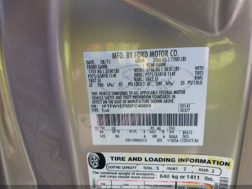 2011 Ford F150 Lariat VIN: 1FTFW1EF8BFC46869 Lot: 43168252