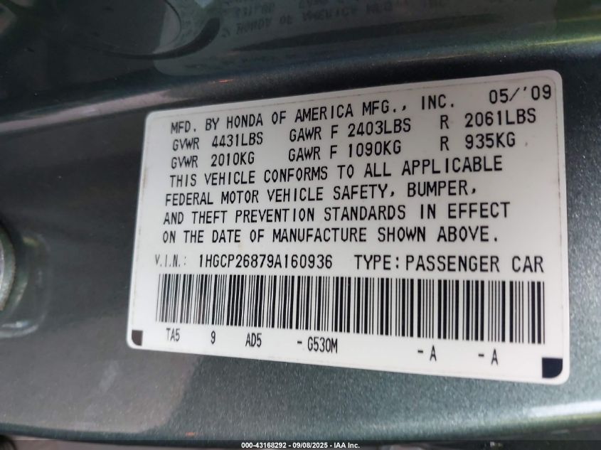 2009 Honda Accord 2.4 Ex-L VIN: 1HGCP26879A160936 Lot: 43168292