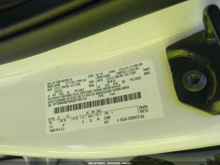 2019 Ford F-350 King Ranch VIN: 1FT8W3BT6KEF76112 Lot: 43168293
