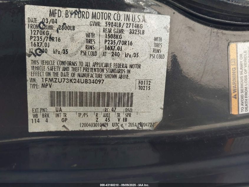 2004 Ford Explorer Nbx/Xlt VIN: 1FMZU73K24UB34097 Lot: 43168310