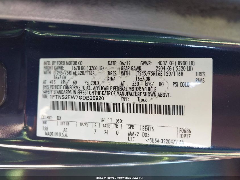 2012 Ford E-250 Commercial VIN: 1FTNS2EW7CDB20920 Lot: 43168324