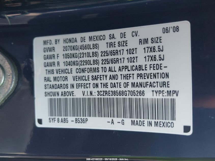 2008 Honda Cr-V Ex VIN: 3CZRE38568G705266 Lot: 43168325