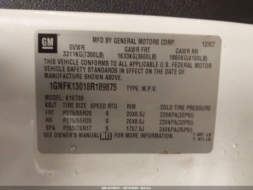 2008 Chevrolet Tahoe Ltz VIN: 1GNFK13018R189875 Lot: 43168331