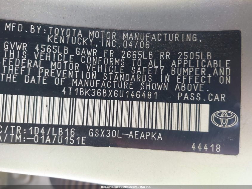 2006 Toyota Avalon Limited VIN: 4T1BK36BX6U146481 Lot: 43168340