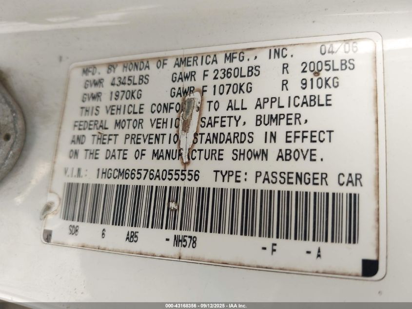2006 Honda Accord Sdn Ex-L V6 VIN: 1HGCM66576A055556 Lot: 43168356