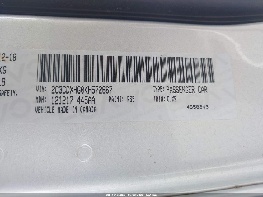 2019 Dodge Charger Gt Rwd VIN: 2C3CDXHG0KH572667 Lot: 43168366