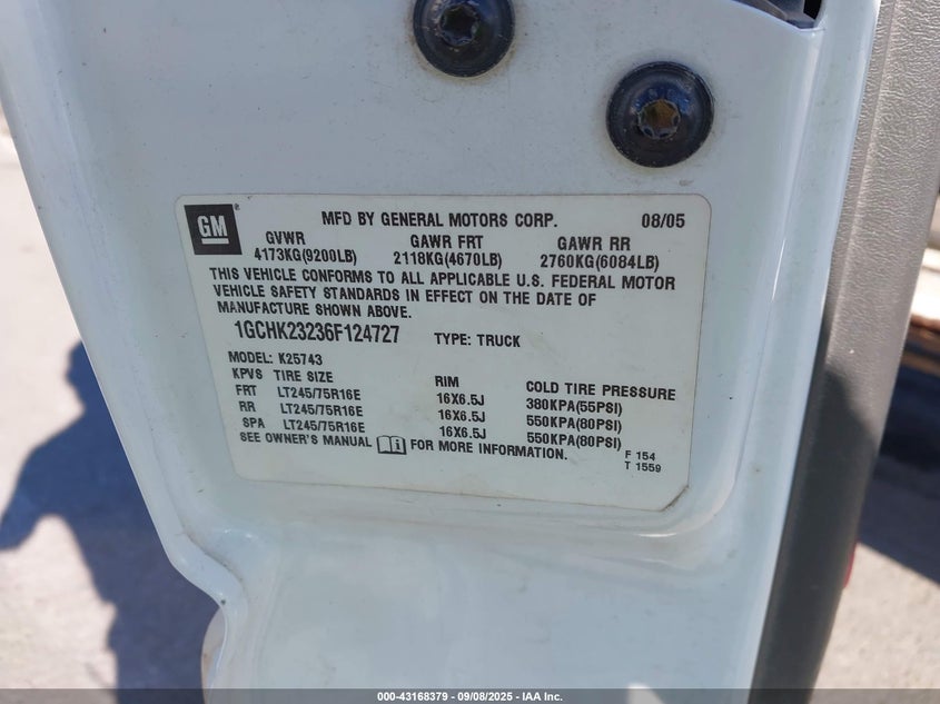 2006 Chevrolet Silverado 2500Hd Lt1 VIN: 1GCHK23236F124727 Lot: 43168379