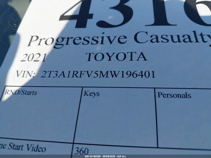 2021 Toyota Rav4 Xle Premium VIN: 2T3A1RFV5MW196401 Lot: 43168389