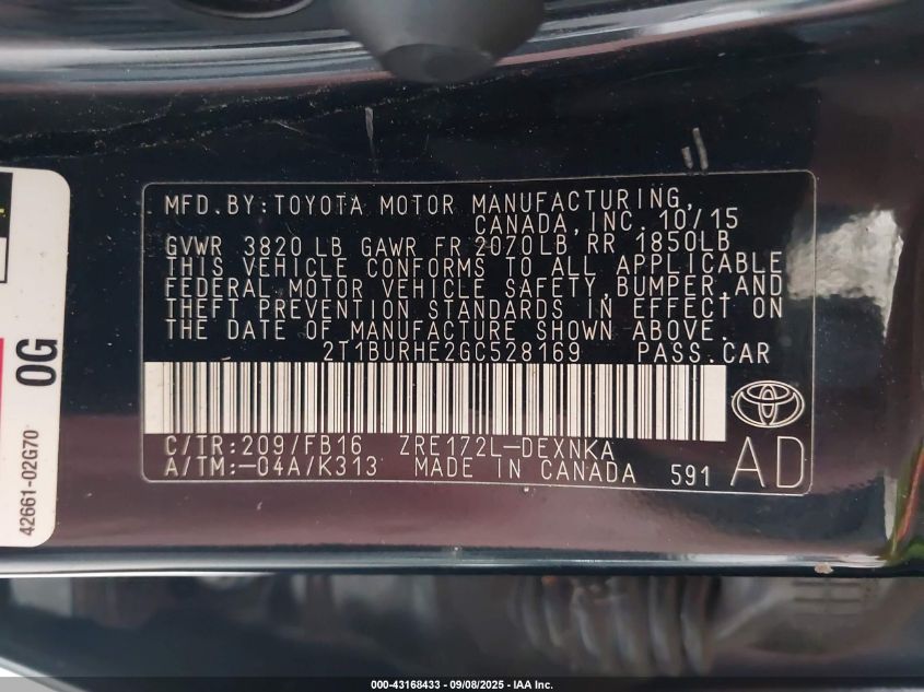 2016 Toyota Corolla Le VIN: 2T1BURHE2GC528169 Lot: 43168433