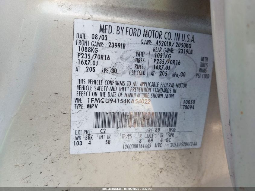 2004 Ford Escape Limited VIN: 1FMCU94154KA54022 Lot: 43168446