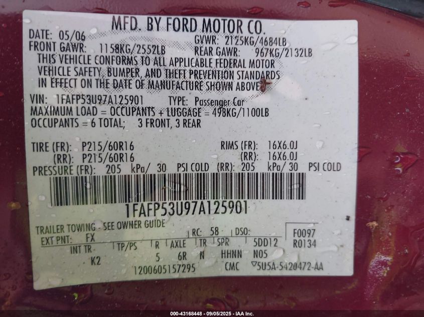 2007 Ford Taurus Se VIN: 1FAFP53U97A125901 Lot: 43168448