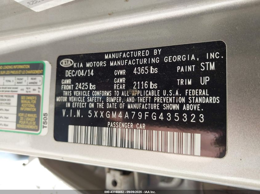 2015 Kia Optima Lx VIN: 5XXGM4A79FG435323 Lot: 43168452