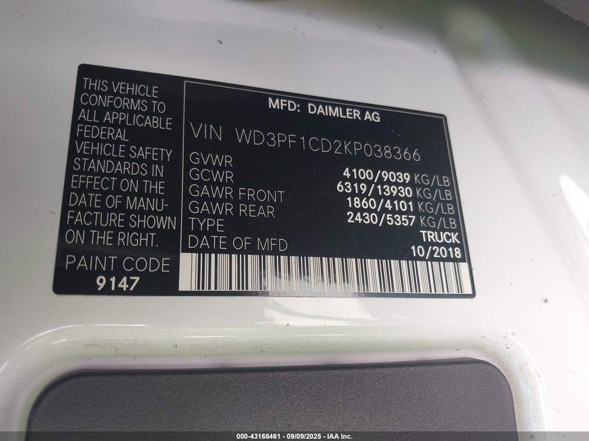 2019 MERCEDES-BENZ SPRINTER 2500 HIGH ROOF V6 - WD3PF1CD2KP038366