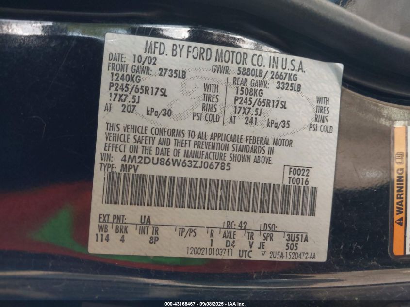 2003 Mercury Mountaineer VIN: 4M2DU86W63ZJ06785 Lot: 43168467