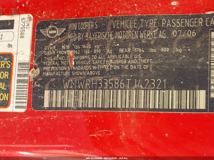 2006 Mini Cooper S VIN: WMWRH33586TJ42321 Lot: 43168469