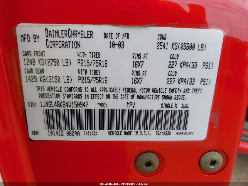 1J4GL48K94W150947 2004 JEEP LIBERTY (NORTH AMERICA) photo no. 9