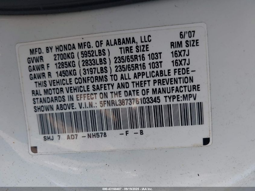 2007 Honda Odyssey Ex-L VIN: 5FNRL38737B103345 Lot: 43168487