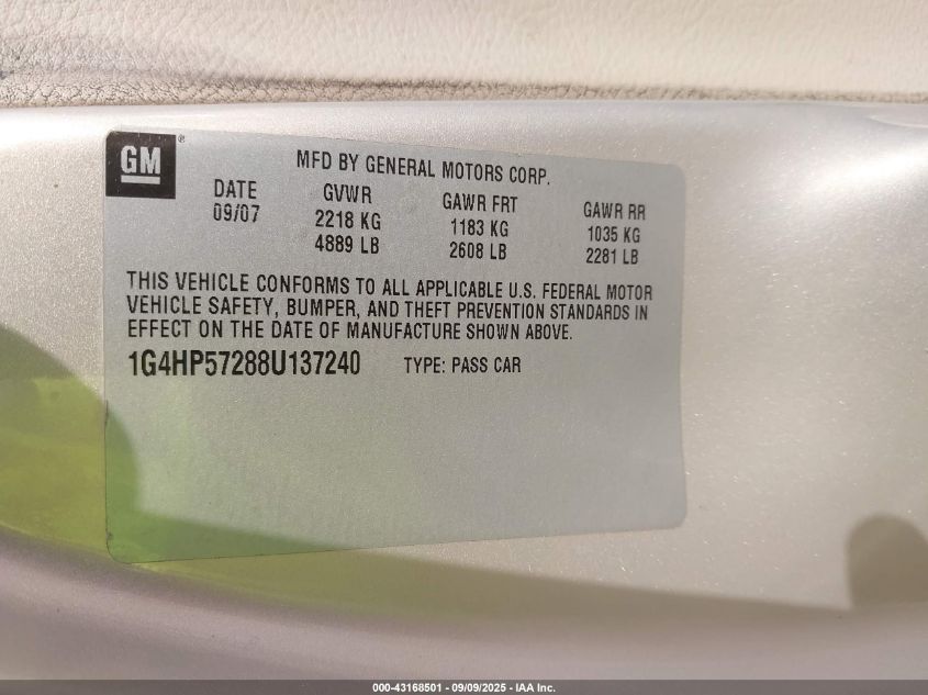2008 Buick Lucerne Cx VIN: 1G4HP57288U137240 Lot: 43168501
