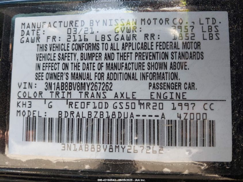 2021 Nissan Sentra S Xtronic Cvt VIN: 3N1AB8BV8MY267262 Lot: 43168542