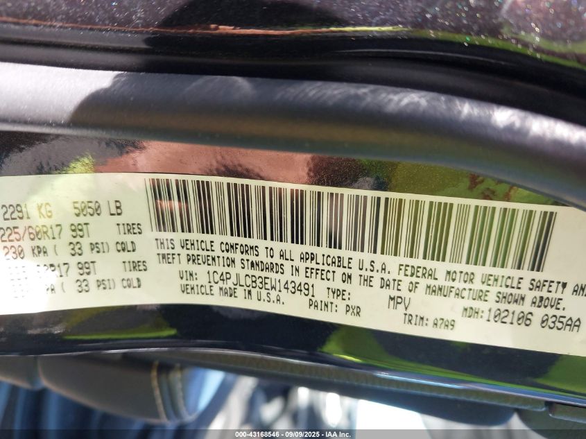 2014 Jeep Cherokee Latitude VIN: 1C4PJLCB3EW143491 Lot: 43168546