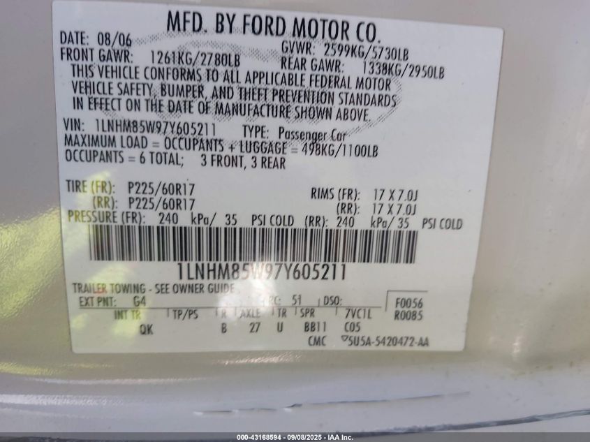 2007 Lincoln Town Car Signature L VIN: 1LNHM85W97Y605211 Lot: 43168594
