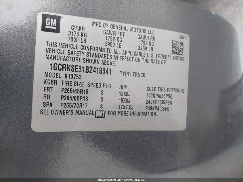 2011 Chevrolet Silverado 1500 Lt VIN: 1GCRKSE31BZ418341 Lot: 43168599