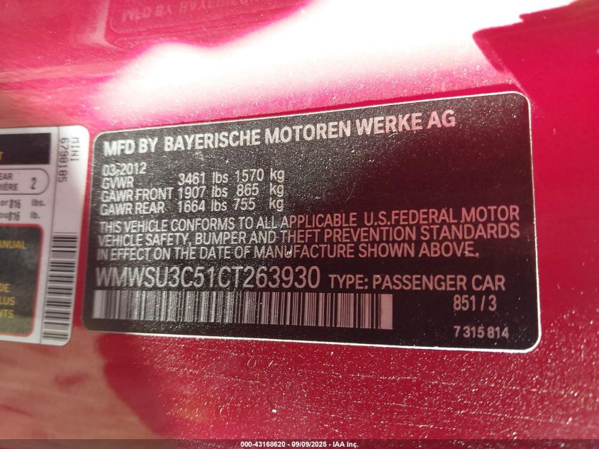 2012 Mini Cooper VIN: WMWSU3C51CT263930 Lot: 43168620