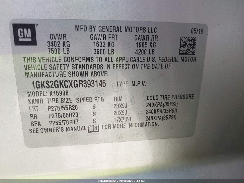 2016 GMC Yukon Xl Slt VIN: 1GKS2GKCXGR393146 Lot: 43168635