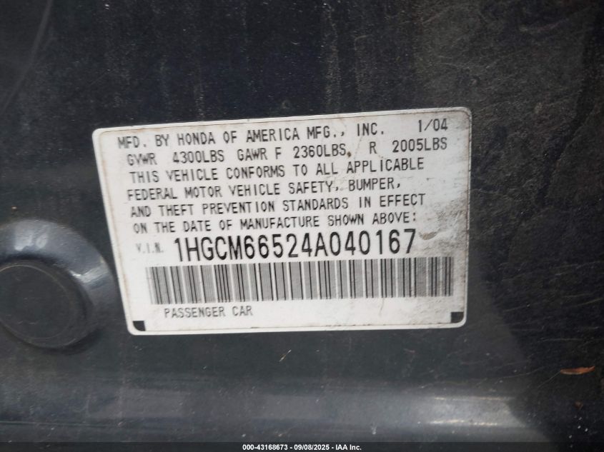 2004 Honda Accord 3.0 Ex VIN: 1HGCM66524A040167 Lot: 43168673
