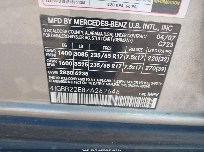 2007 Mercedes-Benz Ml 320 Cdi 4Matic VIN: 4JGBB22E87A262646 Lot: 43168676