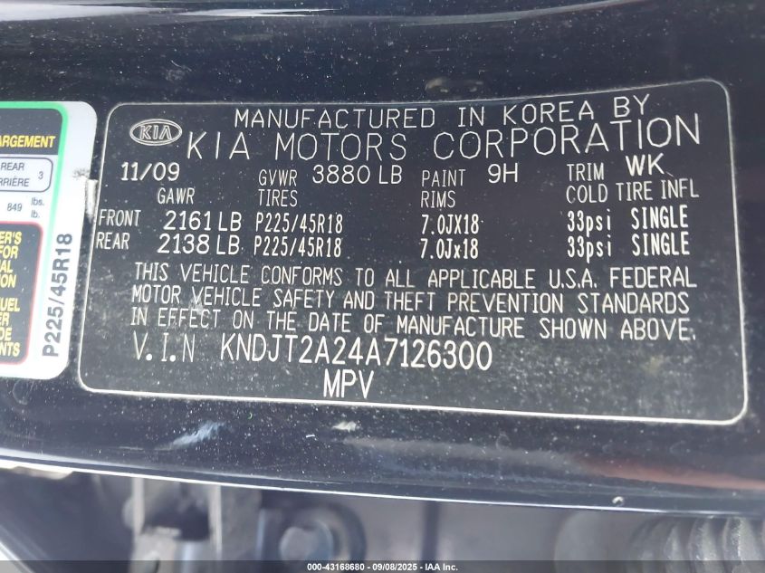 2010 Kia Soul + VIN: KNDJT2A24A7126300 Lot: 43168680