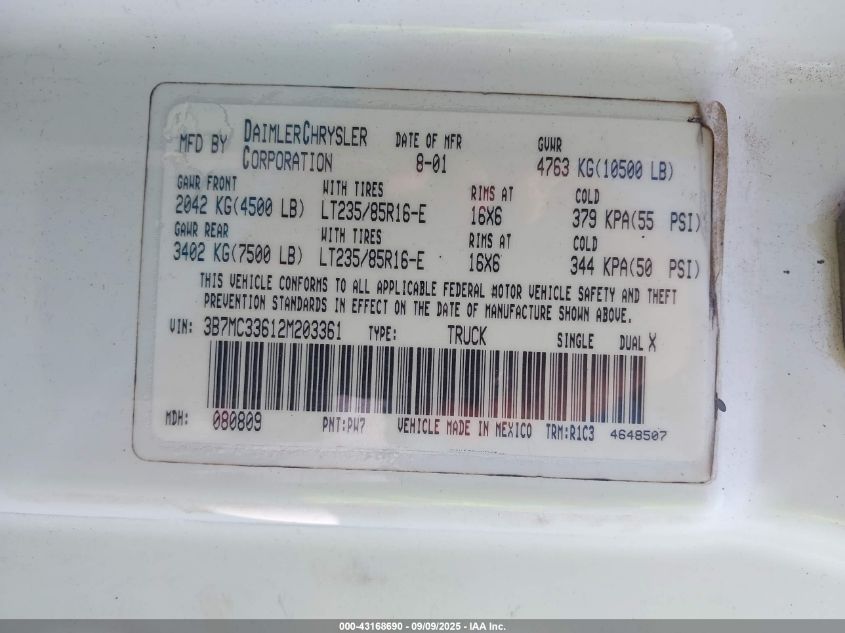 2002 Dodge Ram 3500 St VIN: 3B7MC33612M203361 Lot: 43168690