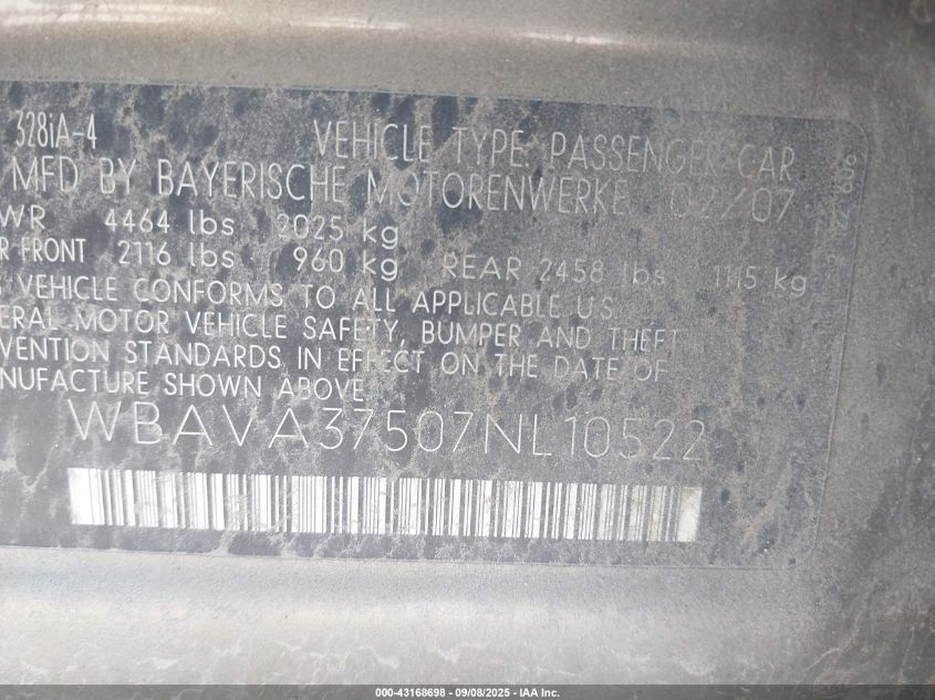 2007 BMW 328I VIN: WBAVA37507NL10522 Lot: 43168698