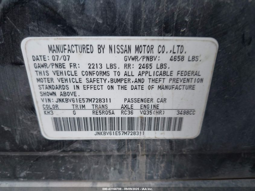 2007 Infiniti G35 VIN: JNKBV61E57M72H311 Lot: 43168708