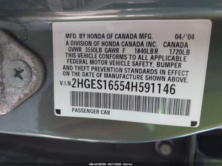 2004 Honda Civic Lx VIN: 2HGES16554H591146 Lot: 43168766