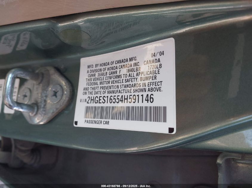 2004 Honda Civic Lx VIN: 2HGES16554H591146 Lot: 43168766