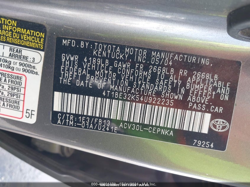 2004 Toyota Camry Le VIN: 4T1BE32K54U922235 Lot: 43168803