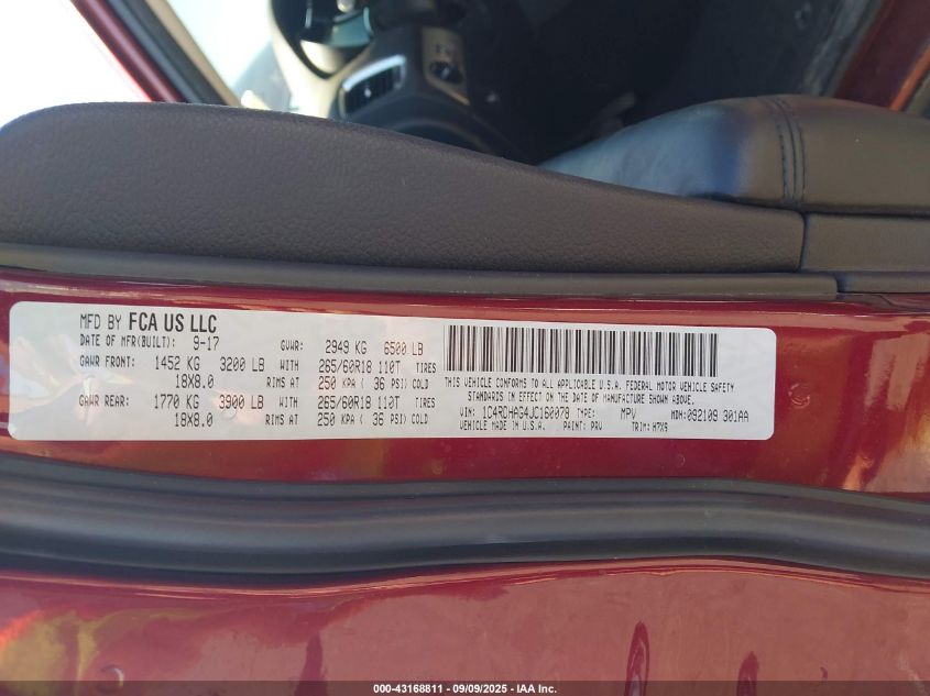 2018 Dodge Durango Sxt Rwd VIN: 1C4RDHAG4JC160078 Lot: 43168811