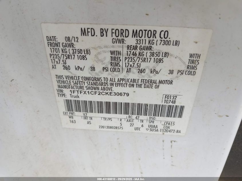 2012 Ford F-150 Xl VIN: 1FTFX1CF2CKE30679 Lot: 43168810