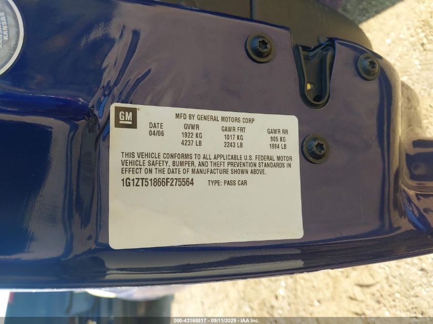 2006 Chevrolet Malibu Lt VIN: 1G1ZT51866F275564 Lot: 43168817