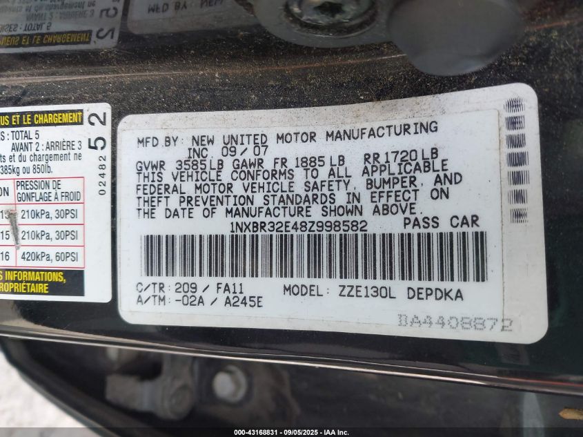 2008 Toyota Corolla Ce VIN: 1NXBR32E48Z998582 Lot: 43168831