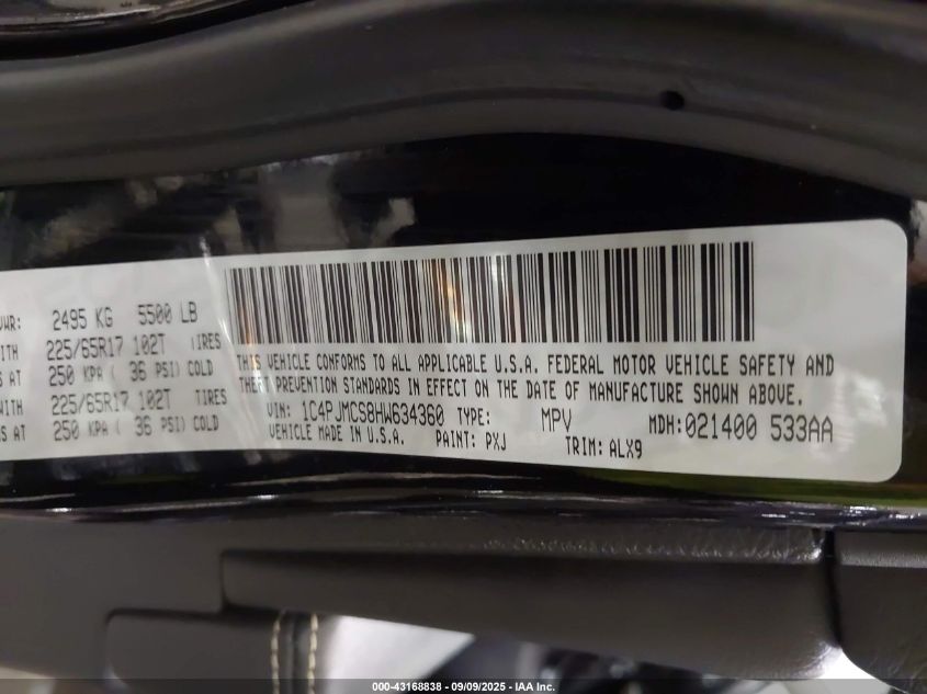 2017 Jeep Cherokee Latitude 4X4 VIN: 1C4PJMCS8HW634360 Lot: 43168838