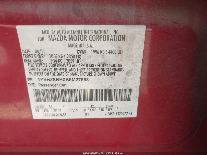 2011 Mazda Mazda6 VIN: 1YVHZ8BH0B5M27558 Lot: 43168852