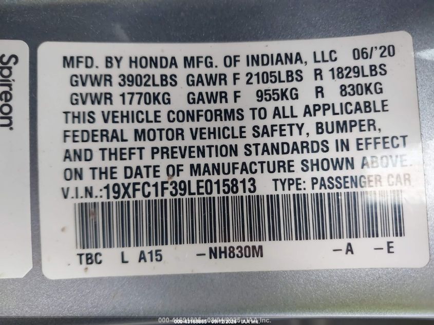 2020 Honda Civic Ex VIN: 19XFC1F39LE015813 Lot: 43168865