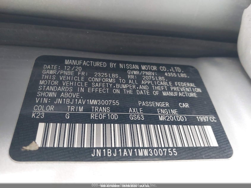 2021 Nissan Rogue Sport S Fwd Xtronic Cvt VIN: JN1BJ1AV1MW300755 Lot: 43168908